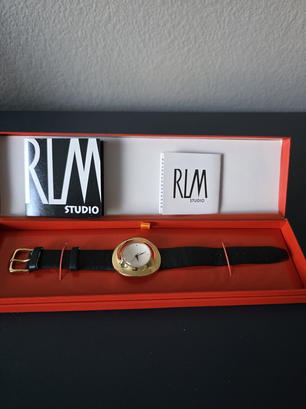 Robert Lee Morris Collectible Black Leather Watch with Gold Case